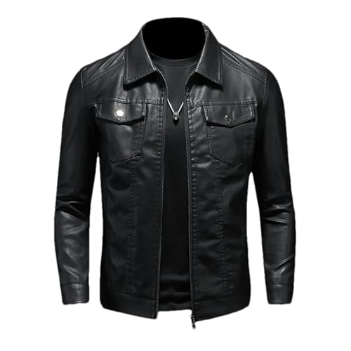 JXQXHCFS Herren Motorrad Lederjacke Tasche Schwarz Reißverschluss Revers Korean Slim Fit Männlich PU Ledermantel für Männer Thin Black M von JXQXHCFS
