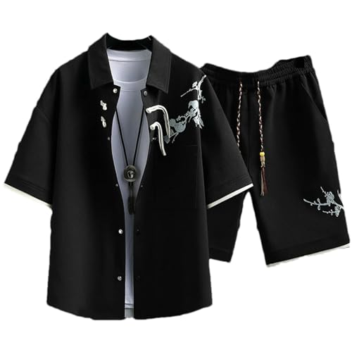 JXQXHCFS Herren-Sommer-Set im chinesischen Stil–2-teilig–Leichtes Kurzarmhemd und Shorts lässiges Outfit WE24326 Black Set XL von JXQXHCFS