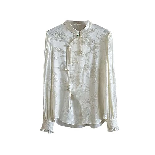 JXQXHCFS Satin-Damenhemd, Sommer, Blumenmuster, chinesischer Stil, Blusen, Seide, Lange Ärmel, lockeres Top, Damenbekleidung White XL von JXQXHCFS