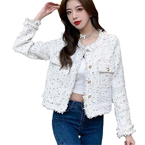 JXQXHCFS Vintage Quaste Cropped Tweed Jacke Damen Weiß Kurzmantel Oberbekleidung Einreiher Koreanisch white L von JXQXHCFS