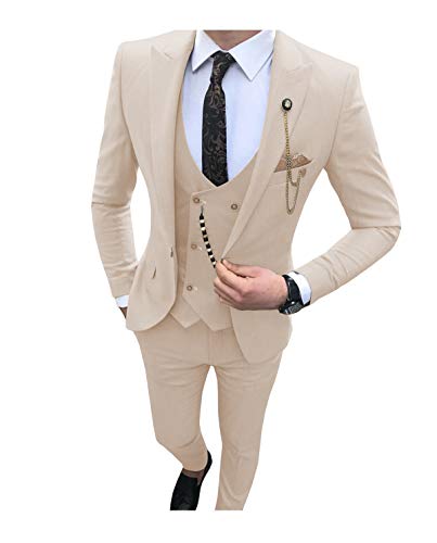 JXY Herren Anzug 3 teilig Slim fit Gebrochen steigendes Revers Sakko für Business Freizeit Hochzeit Trauzeugen (Anzugjacken+Anzughosen+Zweireiher Westen) Beige-50 von JXY