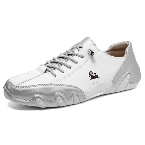 Barfußschuhe Herren Damen Leder Hoch Barfußschuhe Cowboystiefel Damen Wanderschuhe Wasserdicht Sneaker Barefoot Shoes Bootsschuhe (Silber,47) von JXpxbao