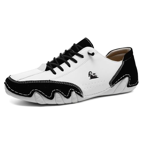 Barfußschuhe Herren Damen Leder Hoch Barfußschuhe Cowboystiefel Damen Wanderschuhe Wasserdicht Sneaker Barefoot Shoes Bootsschuhe (Weiß und Schwarz,39) von JXpxbao