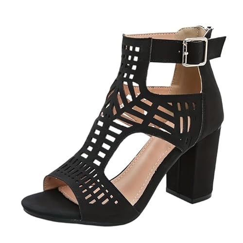 Blockabsatz Sandalen Für Frauen High Heels Sommer Peep Toe Gladiator Sandalen Schuhe Damen Stiefeletten Plattform Sommerschuhe (Schwarz,38) von JXpxbao