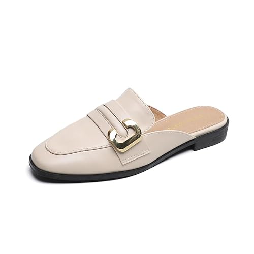 Buckle Mules for Women Quadratische Toe Backless Flat Mules Slides Mules Shoes Ladies Slip-on Loafers (Apricot,39) von JXpxbao