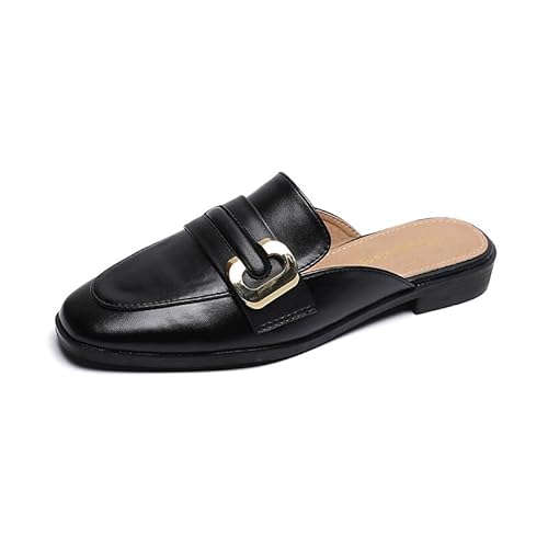 Buckle Mules for Women Quadratische Toe Backless Flat Mules Slides Mules Shoes Ladies Slip-on Loafers (Schwarz,42) von JXpxbao