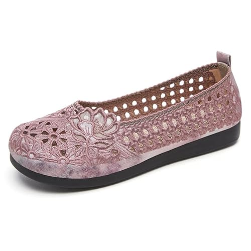 Damen Ballerina Flache Schuhe Hohlblumen Runde Zehe Strick Kleid Schuhe Niedriger Keil Slip on Ballerina Walking Flats Für Frauen (Rosa,38) von JXpxbao