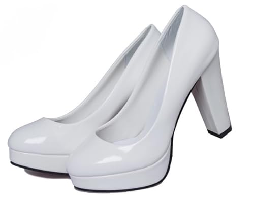 Damen Blockieren Fersen Pumps, Höhe Ferse Pumpe Runde Zehen Ohne Verschluss Abendschuhe mit Plateau Mode Solid Schuhe (weiß,35) von JXpxbao