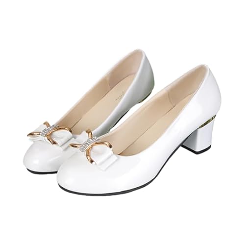 Damen Chunky Geschlossene Zehe Niedrige Blockabsätze Arbeit Pumps Bequeme Runde Zehe Mit Elegant Strassschleife Kleid Hochzeitsschuhe (Weiß,39) von JXpxbao