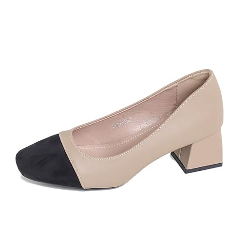 Damen Chunky Geschlossene Zehe Niedrige Blockabsätze Arbeit Pumps Bequeme Tanzschuhe Pumps Dress Shoes Mit Blockabsatz Kleid Hochzeitsschuhe Einfache Arbeitsschuhe (Khaki-5CM,34) von JXpxbao