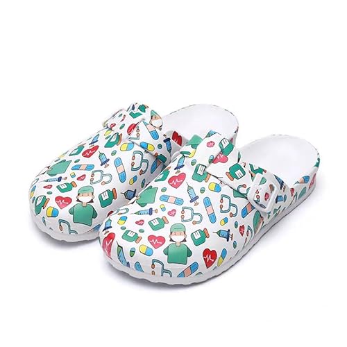 Damen Clogs Cartoon Nurse Printed Mule Clogs für Damen Slip On Sandalen ohne Rücken leicht Arbeitsclog für Labor Arzt (Arzt,38) von JXpxbao