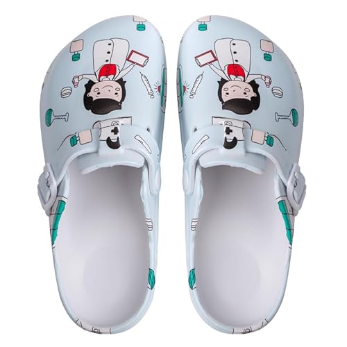 Damen Clogs Cartoon Nurse Printed Mule Clogs für Damen Slip On Sandalen ohne Rücken leicht Arbeitsclog für Labor Arzt (Krankenschwester,39) von JXpxbao