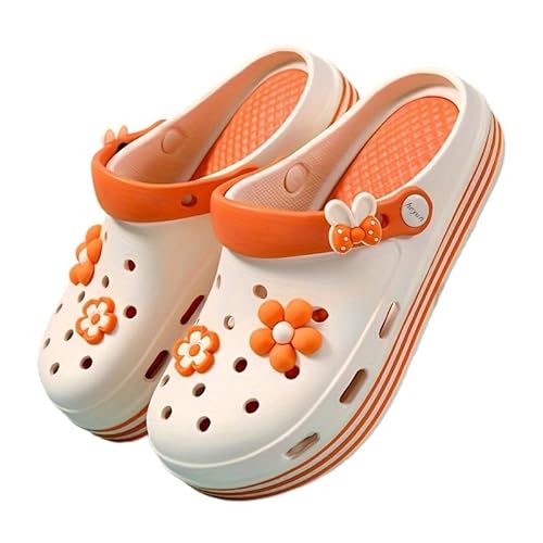 Damen Clogs Hausschuhe Gartenschuhe Sommer Badelatschen Strand Schuhe Sandalen Pantoletten, Plattform Clogs Damen, Sommerschuhe Mit Blumen Schmuck (Beige,39) von JXpxbao