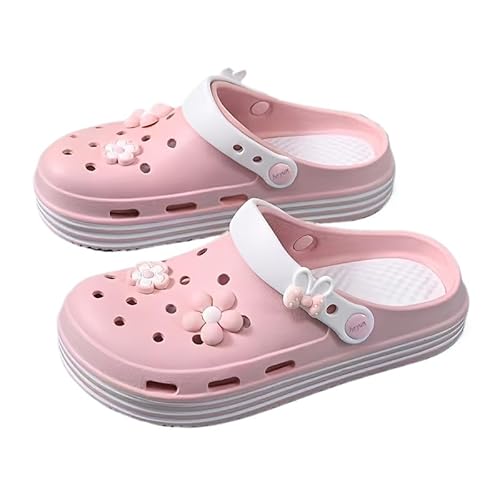 Damen Clogs Hausschuhe Gartenschuhe Sommer Badelatschen Strand Schuhe Sandalen Pantoletten, Plattform Clogs Damen, Sommerschuhe Mit Blumen Schmuck (Rosa,39) von JXpxbao