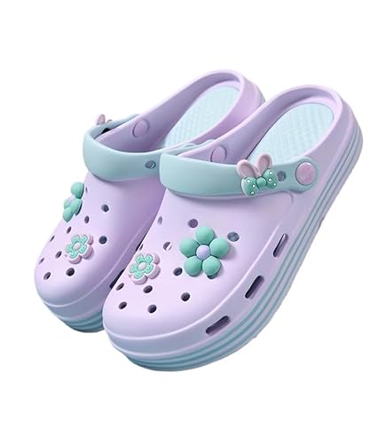 Damen Clogs Hausschuhe Gartenschuhe Sommer Badelatschen Strand Schuhe Sandalen Pantoletten, Plattform Clogs Damen, Sommerschuhe Mit Blumen Schmuck (Veilchen Lila,39) von JXpxbao