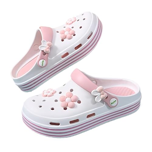 Damen Clogs Hausschuhe Gartenschuhe Sommer Badelatschen Strand Schuhe Sandalen Pantoletten, Plattform Clogs Damen, Sommerschuhe Mit Blumen Schmuck (Weiß,37) von JXpxbao