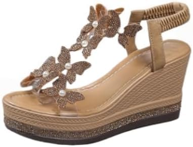 Damen High Heel Keil Sandalen Strass Modische Schmetterling Dekor Frauen Rutschen Dicke Sohle Offene Zehe T Strap Thongs Schuhe mit Transparenten Elastischen Riemen Boho Sommer Strand (Khaki,35) von JXpxbao