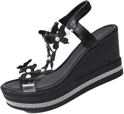 Damen High Heel Keil Sandalen Strass Modische Schmetterling Dekor Frauen Rutschen Dicke Sohle Offene Zehe T Strap Thongs Schuhe mit Transparenten Elastischen Riemen Boho Sommer Strand (Schwarz,36) von JXpxbao