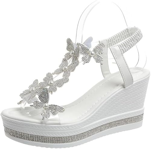 Damen High Heel Keil Sandalen Strass Modische Schmetterling Dekor Frauen Rutschen Dicke Sohle Offene Zehe T Strap Thongs Schuhe mit Transparenten Elastischen Riemen Boho Sommer Strand (Weiß,41) von JXpxbao