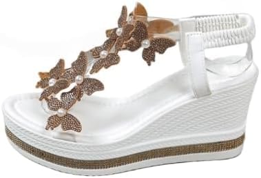 Damen High Heel Keil Sandalen Strass Modische Schmetterling Dekor Frauen Rutschen Dicke Sohle Offene Zehe T Strap Thongs Schuhe mit Transparenten Elastischen Riemen Boho Sommer Strand (Weißgold,36) von JXpxbao