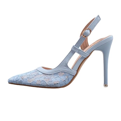 Damen High Heel Pumps Hoch Riemchen Spitze Zehen Abendschuhe für Partei Satin Hochzeitsschuhe Brautschuhe Tanzschuhe (Blau,39) von JXpxbao