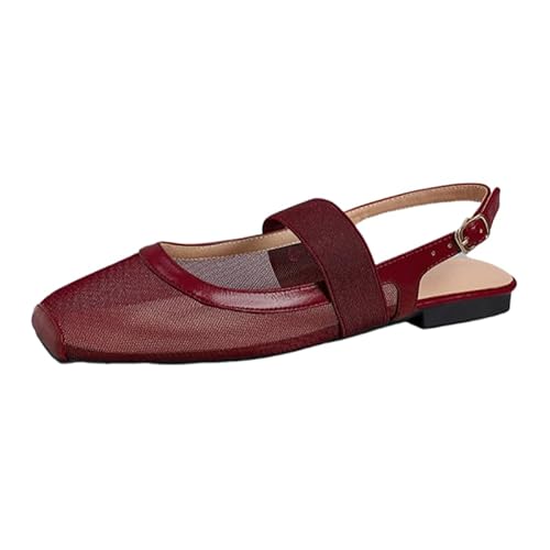 Damen Mary Jane Ballerinas Mit Schnallenriemen Damen Spangenpumps Elegant Tanzschuhe Atmungsaktiv Mesh Sandalen Einfache Arbeitsschuhe Für Büro & Freizeit (Weinrot,37) von JXpxbao