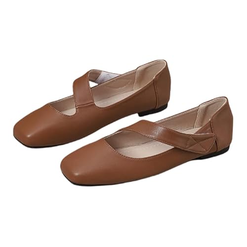 Damen Mary Jane Ballerinas mit verstellbarem Klettverschluss weichem Futter quadratischer Zehe Profilsohle Flach Elegant Tanzschuhe für Büro & Freizeit (Braun,41) von JXpxbao