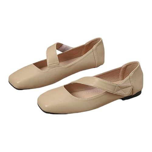 Damen Mary Jane Ballerinas mit verstellbarem Klettverschluss weichem Futter quadratischer Zehe Profilsohle Flach Elegant Tanzschuhe für Büro & Freizeit (Khaki,38) von JXpxbao