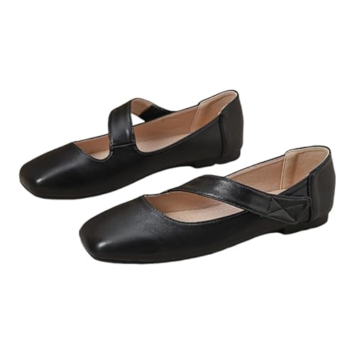 Damen Mary Jane Ballerinas mit verstellbarem Klettverschluss weichem Futter quadratischer Zehe Profilsohle Flach Elegant Tanzschuhe für Büro & Freizeit (Schwarz,35) von JXpxbao