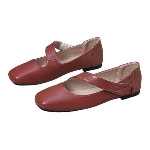 Damen Mary Jane Ballerinas mit verstellbarem Klettverschluss weichem Futter quadratischer Zehe Profilsohle Flach Elegant Tanzschuhe für Büro & Freizeit (Weinrot,40) von JXpxbao