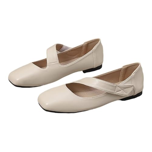 Damen Mary Jane Ballerinas mit verstellbarem Klettverschluss weichem Futter quadratischer Zehe Profilsohle Flach Elegant Tanzschuhe für Büro & Freizeit (Weiß,39) von JXpxbao