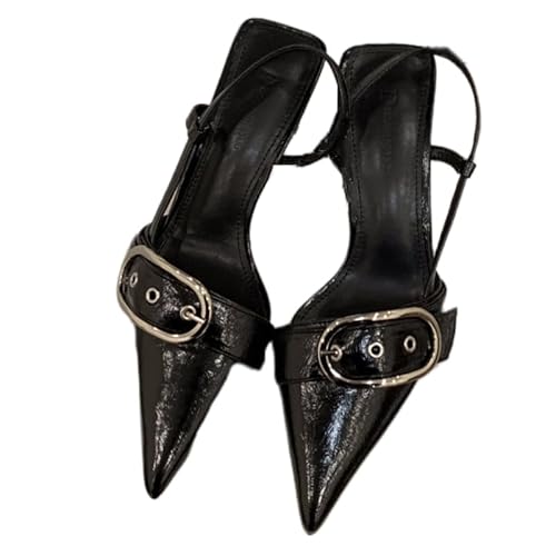 Damen Mit Metalldekor Stiletto Hoher High Absatz Heel Spitze Zehenkappe Slingback Schnalle Pumps Lässig Büroschuhe Dress Schuhe (schwarz,40) von JXpxbao