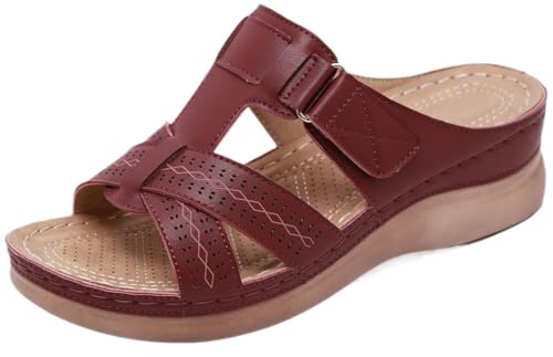 Damen Pantoletten Atmungsaktive Pantoffeln Frauen Plateausandalen Bequeme Hausschuhe Drinnen und draußen (Rotwein,35) von JXpxbao