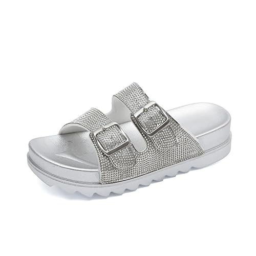 Damen Pantoletten Glitzer Clogs Mit Strassstein Plateau Sandalen Bequeme Kork Bohemian Orthopädische Sandalen Strand Sommerschuhe Mit Verstellbarer Schnalle (Silber,40) von JXpxbao