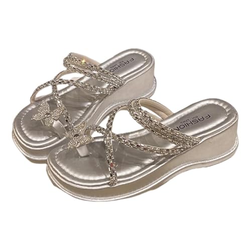 Damen Pantoletten Mit Absatz Sommerschuhe Plateau Sandalen Mit Kork-Fußbett Schlappen Frauen Strass Slipper Bequeme Peep Toe Hausschuhe Freizeit Strandschuhe (Silber,34) von JXpxbao