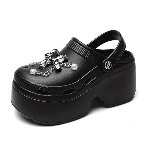 Damen Plateau Clogs Gärtner Slip on Slides Schuhe Pantoletten Hohe Absätze Strandsandalen Chunky Heel Outdoor-Sandalen Mit Ansteckern & Schuh Schmuck (Schwarz,35) von JXpxbao