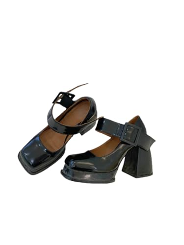 Damen-Plateauschuhe Mit Dicker Sohle, Mary Jane-Schuhe Im Retro-Stil Mit Schnallenverschluss, Flache Schuhe Mit Eckiger Spitze, Japanische Niedliche Lolita-Prinzessinnenschuhe (35,Schwarz 9cm) von JXpxbao