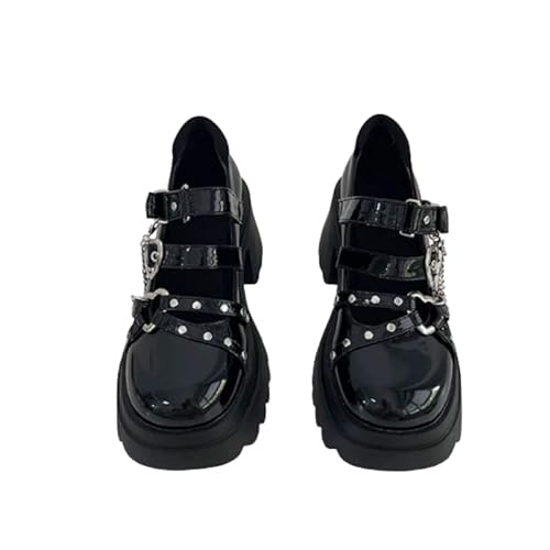 Damen Plattform Mary Janes Lolita Gothic Plateau Kleid Pumps Schuhe Chunky Plateauschuhe Lackleder (Glänzend Schwarz,37) von JXpxbao