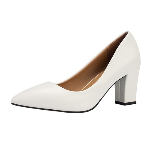 Damen Pumps Blockabsatz Heels Damenschuhe Runde Schlupfschuhe Lack (weiß,36) von JXpxbao