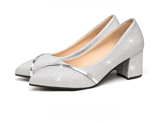 Damen Pumps Hohe Absatzschuhe Hochzeitsschuhe Bequem High Heels Tanzschuhe Breite Füße Loafer Damenschuhe Brautschuhe Halbschuhe (Silber,37) von JXpxbao