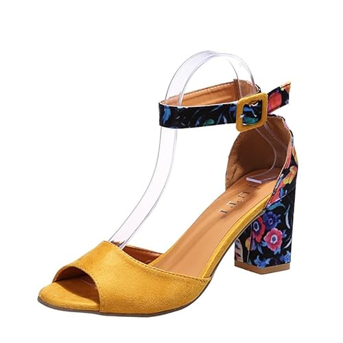 Damen Pumps Mit Blockabsatz Blumenmuster Riemchenpumps Elegant Hochzeitsschuhe Knöchelriemen Spangenpumps Geschlossene Zehenkappe Perfekt Für Hochzeiten Und Partys EU 35-43 (Gelb,37) von JXpxbao