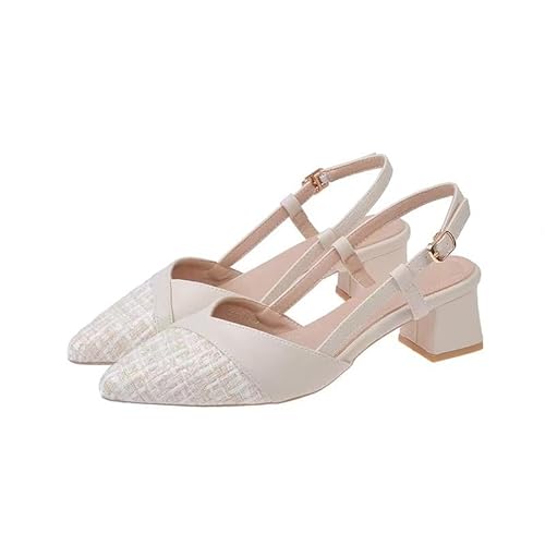 Damen Pumps Slingback Hochzeitsschuhe Damen Spangenpumps Tanzschuhe Sandaletten mit Blockabsatz (Aprikose Plaid,36) von JXpxbao