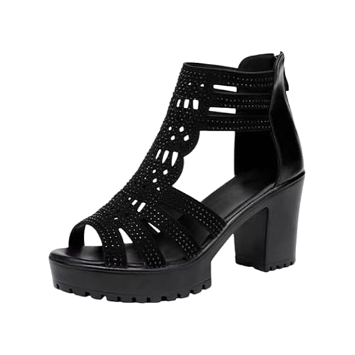 Damen Sandalen Bequem Sandaletten Mit Absatz Sommer Dicker High Heel Riemchen Plateau Sandalen Weichen Sohlen Plattform Sommerschuhe Offene Lässige High Heels Strandschuhe Abendschuhe (Schwarz,38) von JXpxbao