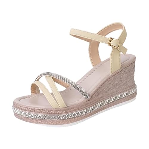 Damen-Sandalen Mit Hohem Keilabsatz, Plateau, Sommer, Bequem, Mit Orthopädischer Schnalle, Lässig, Offene Spitze, Espadrilles, Flexibel, Rutschfest, Modisch, Strand, Hochzeit, Wandern (38,Gelb) von JXpxbao