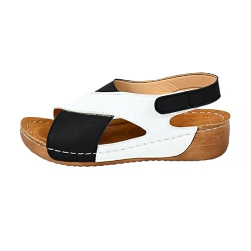 Damen Sandalen Plateau Leder Sommer Bequeme Orthopädische Sandalen Bequeme Peep Toe Keilabsatz Sandaletten Platform Wedges Strandsandalen (Schwarz-Weiß,39) von JXpxbao