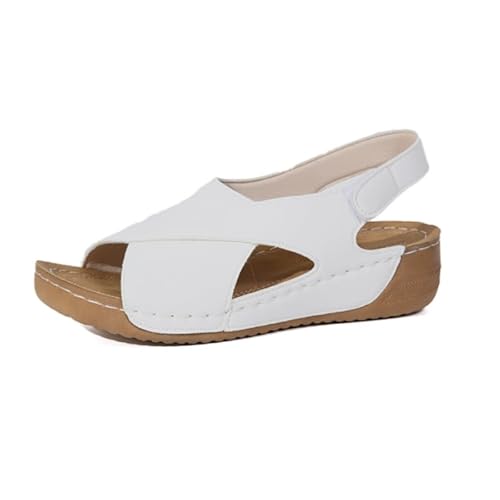 Damen Sandalen Plateau Leder Sommer Bequeme Orthopädische Sandalen Bequeme Peep Toe Keilabsatz Sandaletten Platform Wedges Strandsandalen (Weiß,39) von JXpxbao