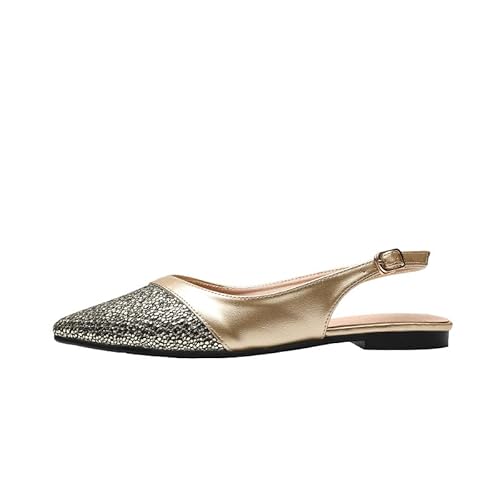 Damen Slingback Flach Pumps Ballerinas Spitze Zehen Niedrige Absätze Slip on Schuhe Bequem Flache Kleid Schuhe Übergröße 35-42EU (Gold,36) von JXpxbao