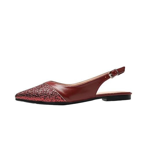 Damen Slingback Flach Pumps Ballerinas Spitze Zehen Niedrige Absätze Slip on Schuhe Bequem Flache Kleid Schuhe Übergröße 35-42EU (Weinrot,36) von JXpxbao