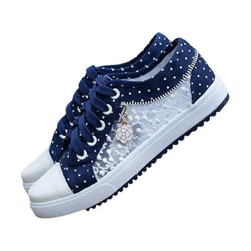 Damen Sneaker Freizeitschuhe Bestickte Spitze Atmungsaktive Stoffschuhe Elegante Frauen Schnürhalbschuhe Laufschuhe Leicht Sportlich Flache Schuhe Walkingschuhe Plus Size Gr.35-43 (Dunkelblau,40) von JXpxbao