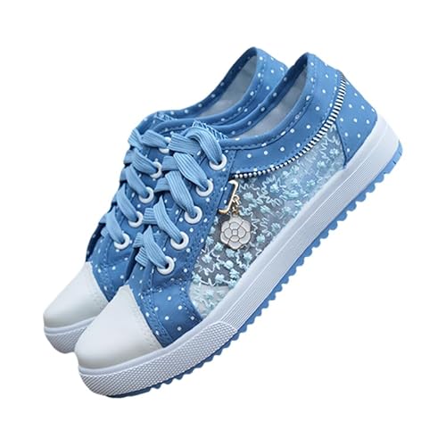 Damen Sneaker Freizeitschuhe Bestickte Spitze Atmungsaktive Stoffschuhe Elegante Frauen Schnürhalbschuhe Laufschuhe Leicht Sportlich Flache Schuhe Walkingschuhe Plus Size Gr.35-43 (Hellblau,40) von JXpxbao